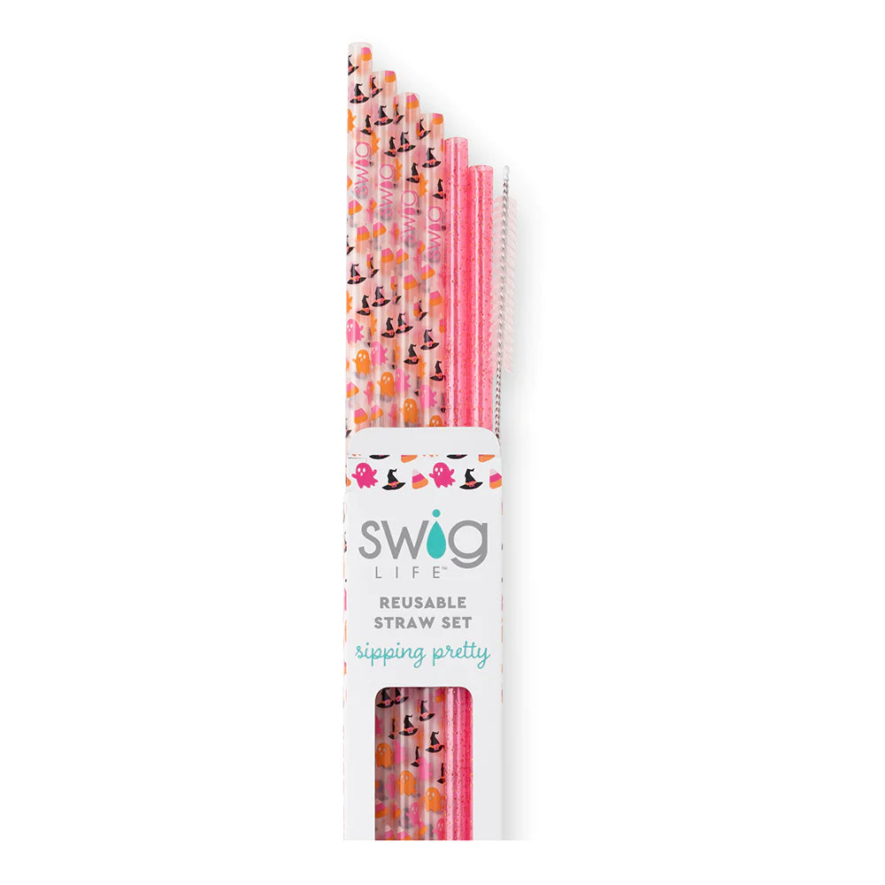 Swig Hey Boo + Pink Glitter Reusable Straw Set (TALL)