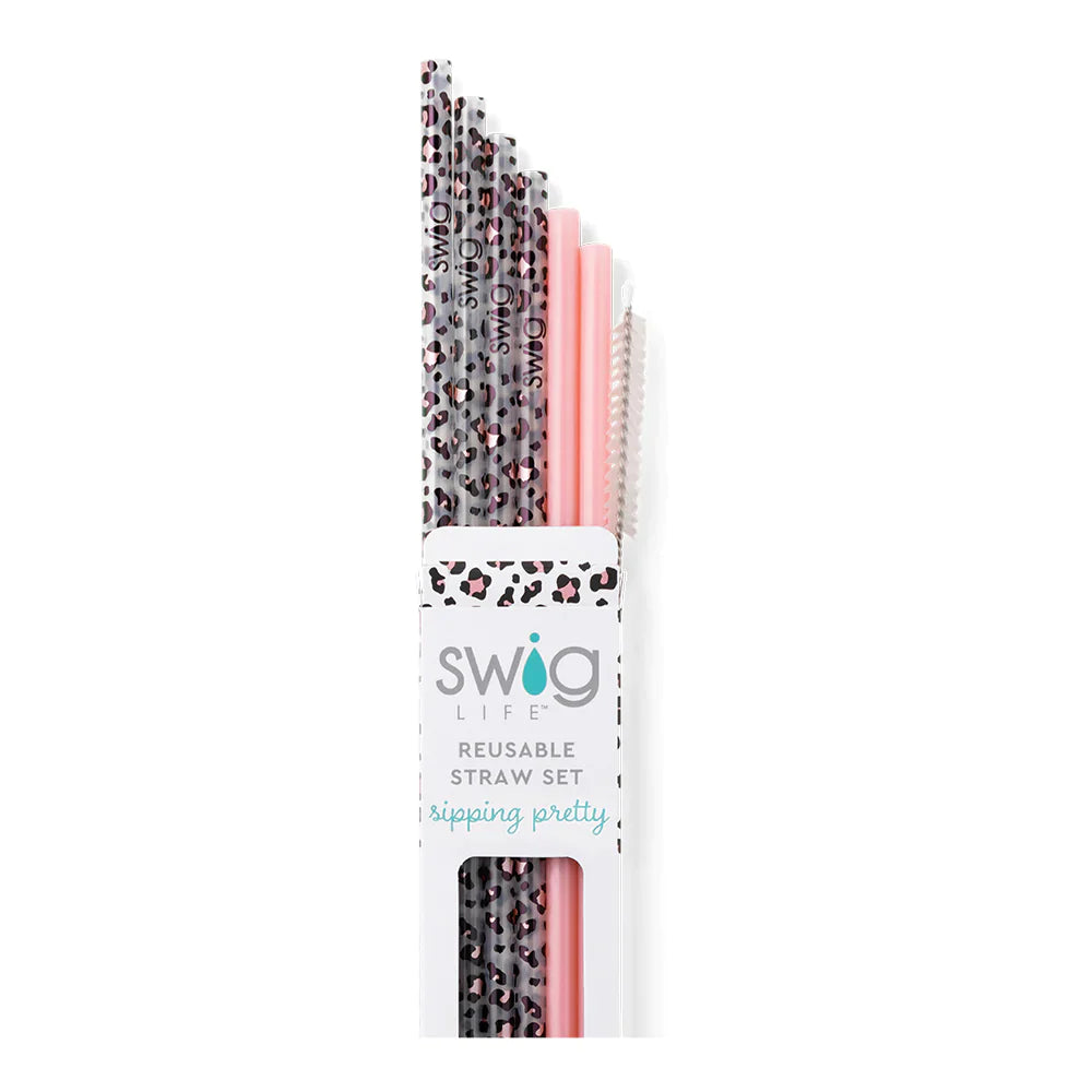 Swig Luxury Leopard & Blush Reusable Straw Set (TALL)